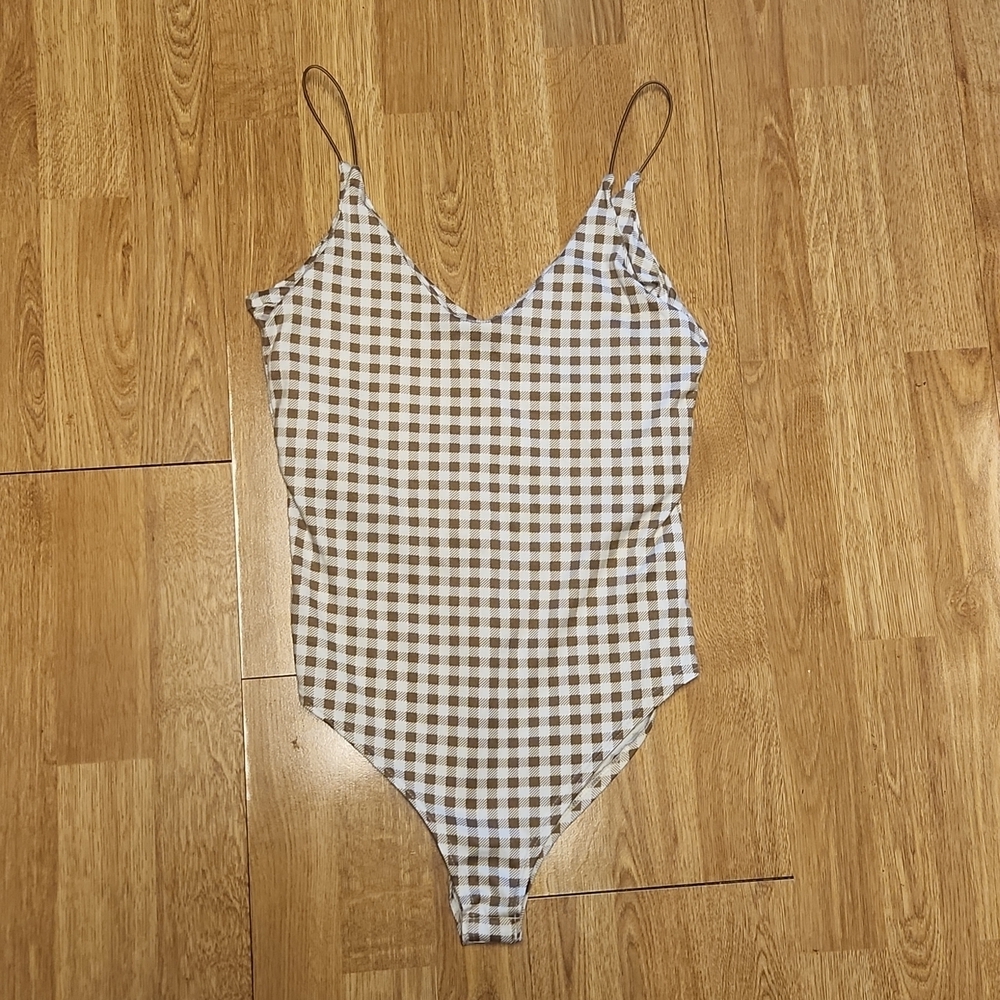Gaze tan/white gingham bodysuit sz XS